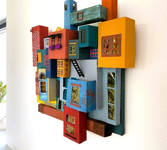 3D Paper Houses Collage Wall Art Sculpture Hanging OOAK 'Condo 1'